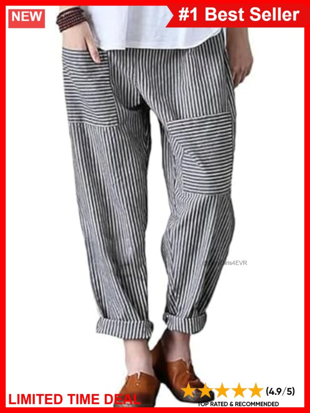 Cotton Linen Striped Wide Leg Harem Pants Baggy Casual